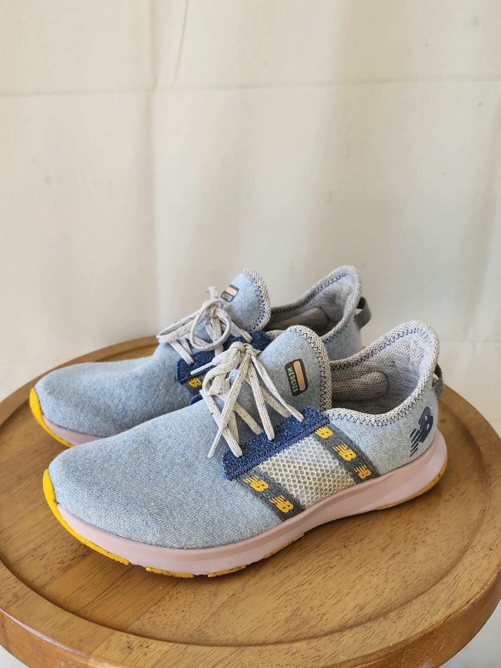 New Balance Nergize Light Blue Knit Slip-On Running Shoes with Yellow Accents